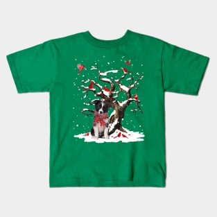 Border Collie Scarf Cardinal Snow Christmas Kids T-Shirt